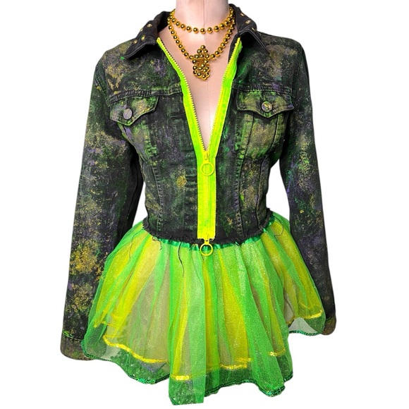 Custom Vibrant Mardi Gras Green and Black Denim American Bazi Jacket, Size: Lg - Picture 4 of 10